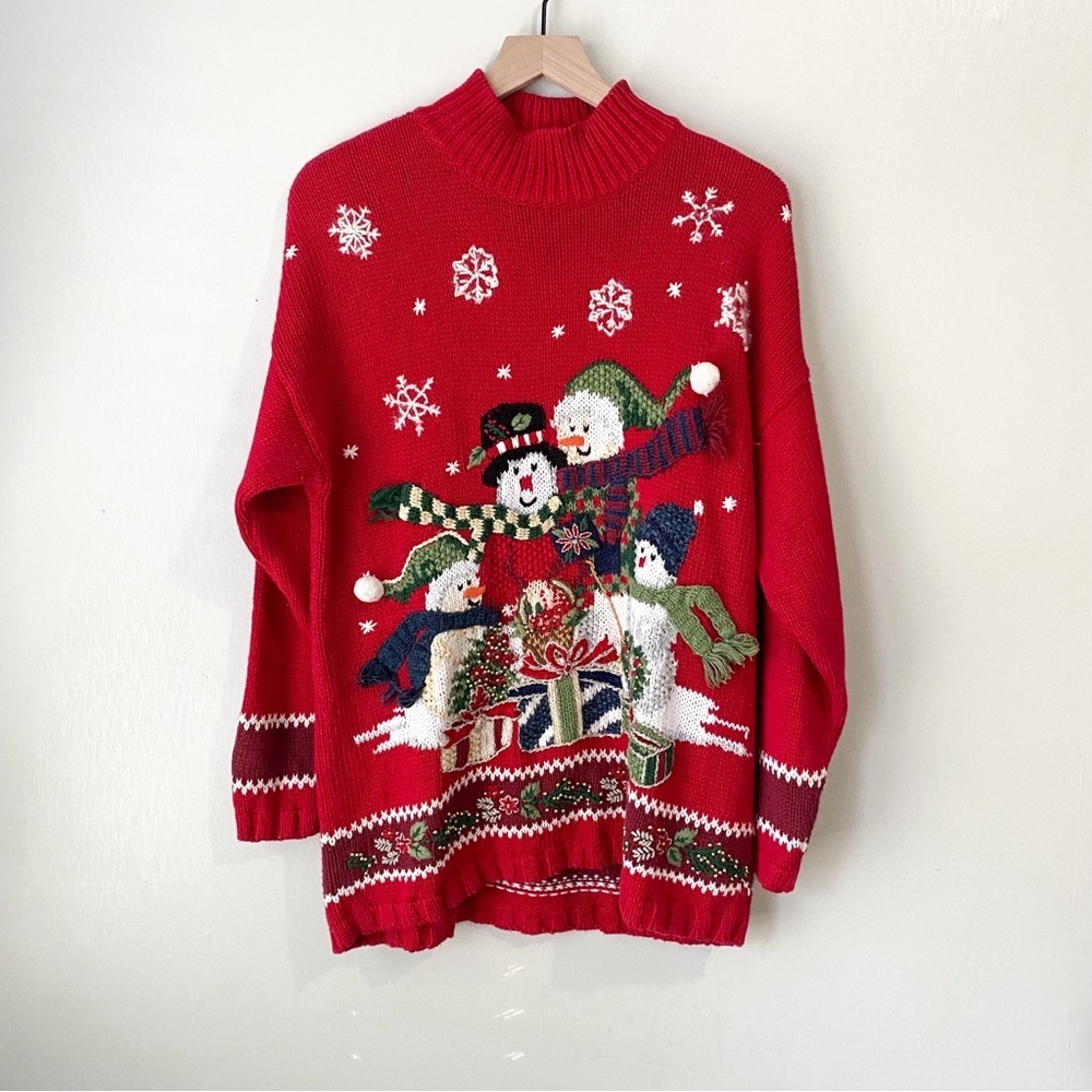 Vintage Embroidered Snowman Christmas Mock Neck 3D Knit Sweater Large